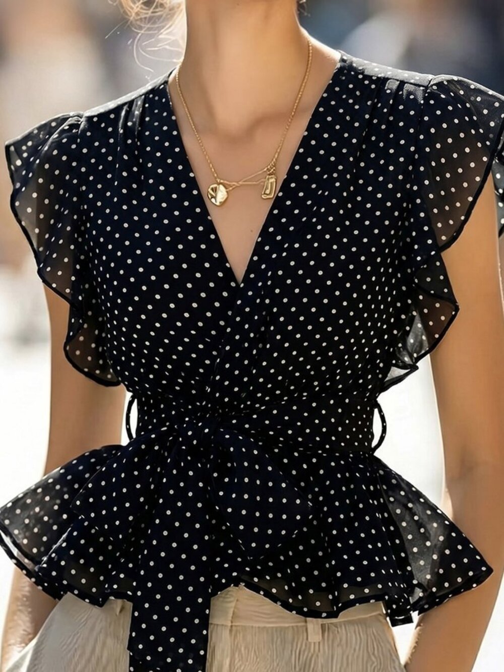 Black Casual Women's V-Neck Wrap Blouse